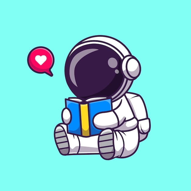 귀여운 우주 비행사 읽기 책 만화 벡터 아이콘 그림입니다. 과학 교육 아이콘 개념 절연 프리미엄 벡터입니다. 플랫 만화 스타일