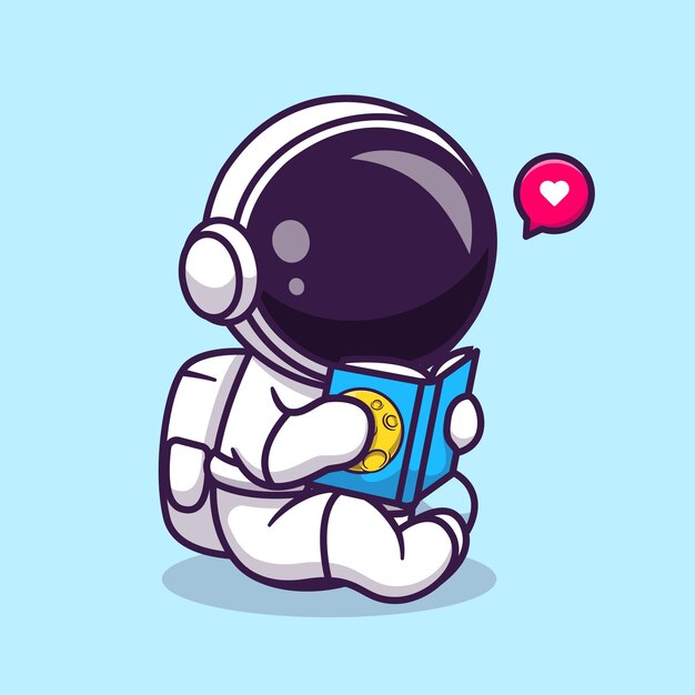 귀여운 우주 비행사 읽기 책 만화 벡터 아이콘 그림입니다. 과학 교육 아이콘 개념 절연 프리미엄 벡터입니다. 플랫 만화 스타일