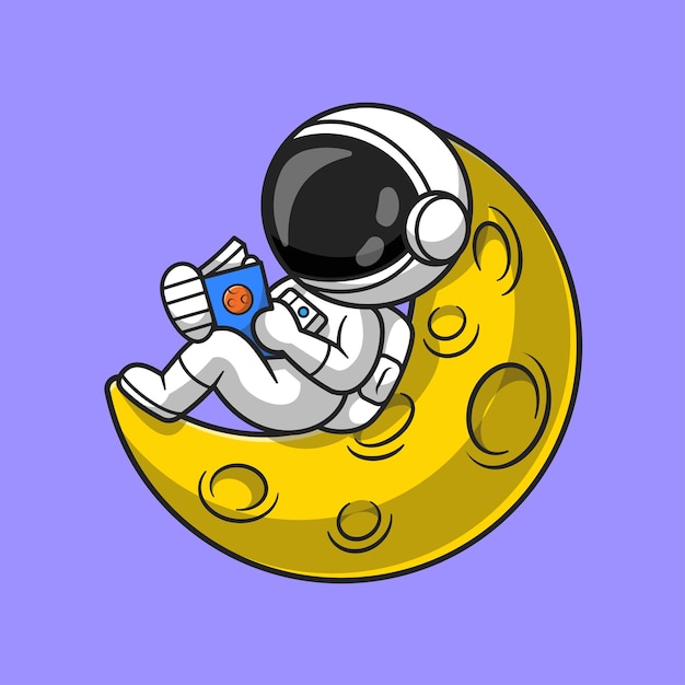 月の漫画のベクトルアイコンイラストの本を読んでかわいい宇宙飛行士。技術教育アイコンコンセプト分離プレミアムベクトル。フラット漫画スタイル