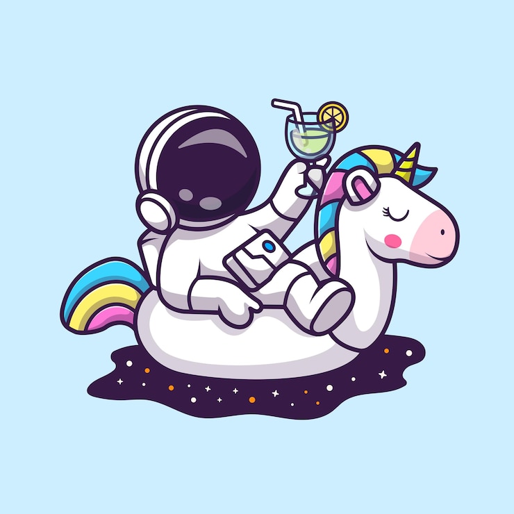 Free Vector cute astronaut relaxing on unicorn balloon with orange juice in space cartoon vector illustration