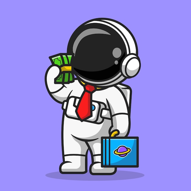 돈 만화 벡터 아이콘 일러스트와 함께 귀여운 우주 비행사입니다. 과학 비즈니스 아이콘 개념 절연 프리미엄 벡터입니다. 플랫 만화 스타일