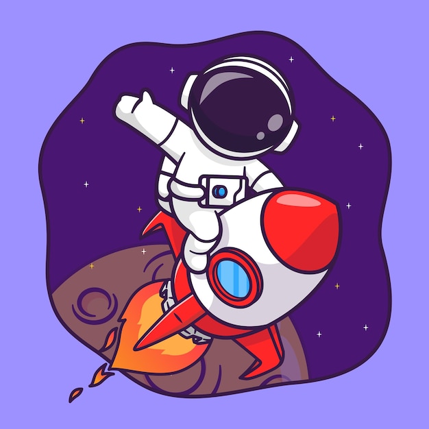 Cute astronaut riding rocket in space and waving hand cartoon vector icon illustration science tech
