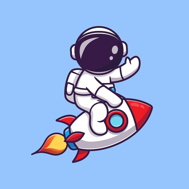 かわいい宇宙飛行士がロケットに乗って手を振る漫画アイコンイラスト。科学技術アイコンの概念