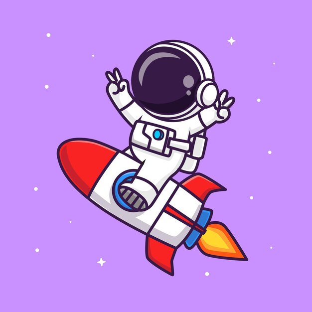 Симпатичный астронавт верхом на ракете со знаком мира Мультфильм Векторная икона Иллюстрация Наука Технологии