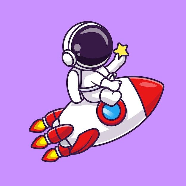 Vettore gratuito simpatico astronauta in sella a un razzo con la stella nello spazio cartoon vector icon illustration. tecnologia scientifica