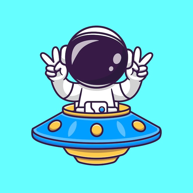 平和のサインとufoに乗るかわいい宇宙飛行士漫画ベクトルアイコンイラスト。科学技術アイコンの概念分離プレミアムベクトル。フラット漫画スタイル