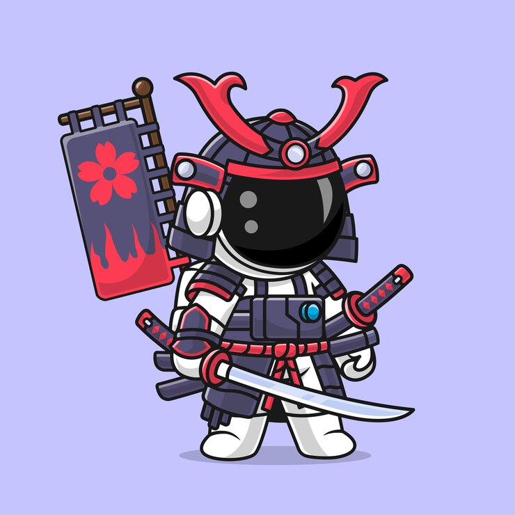 Free Vector cute astronaut samurai with katana sword cartoon vector icon illustration science holiday isolated