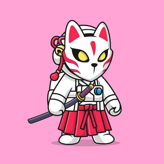 Vettore gratuito simpatico samurai astronauta con maschera kitsune e spada katana cartoon icona vettoriale illustrazione scienza