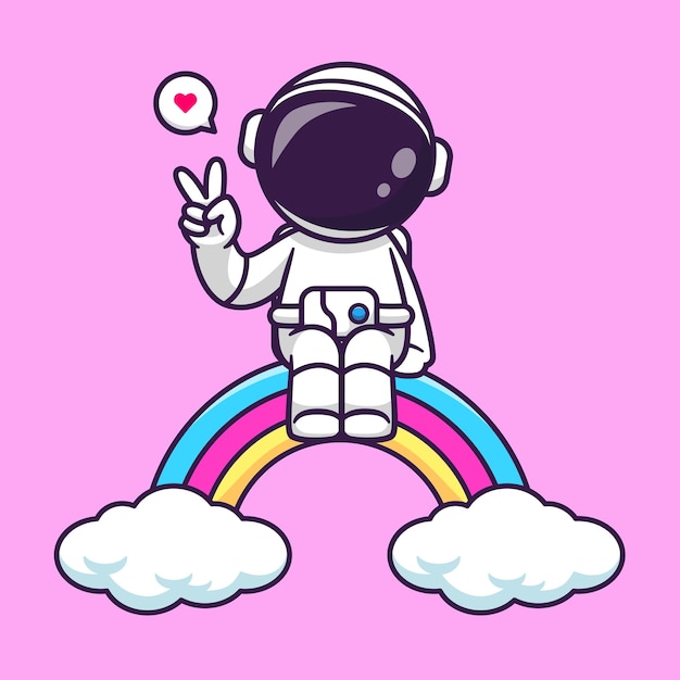 Carino astronauta sitiing su rainbow con segno di pace cartoon icona vettore illustrazione science techno