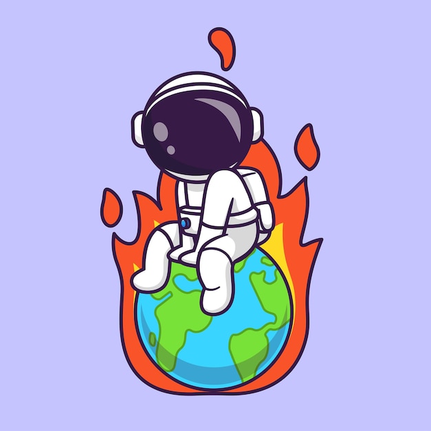 Free vector cute astronaut sitting on earth with fire cartoon vector icon illustration science technology flat