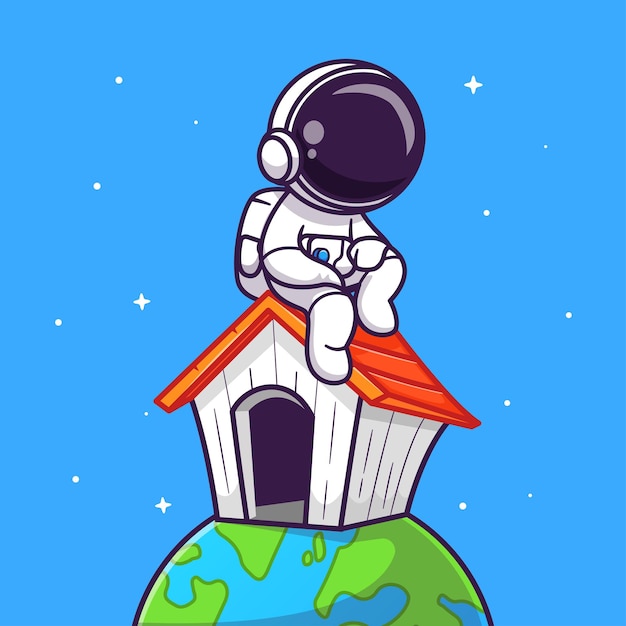 Cute astronaut sitting at home on earth cartoon vector icon illustration. science technology icon concept isolated premium vector. flat cartoon style