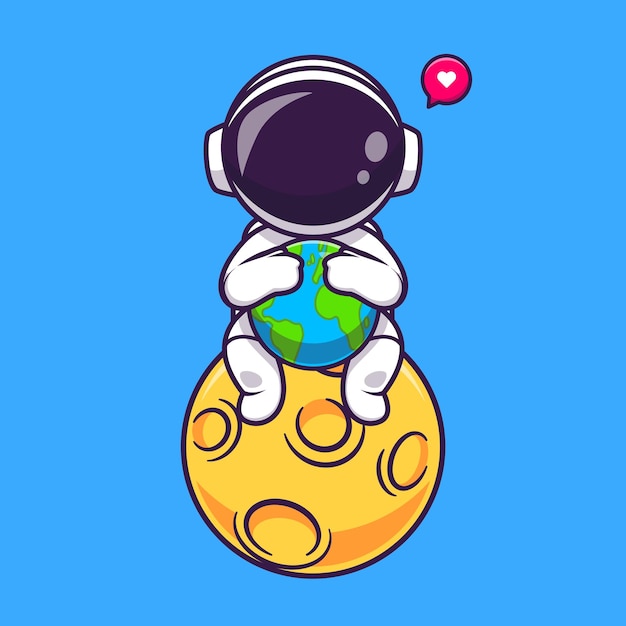 Cute astronaut sitting on moon and holding earth cartoon vector icon illustration. science techno