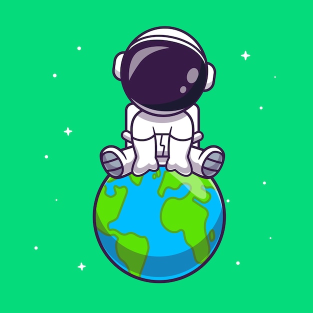 귀여운 우주 비행사는 지구 만화 벡터 아이콘 일러스트 레이 션에 앉아 과학 기술 아이콘 절연