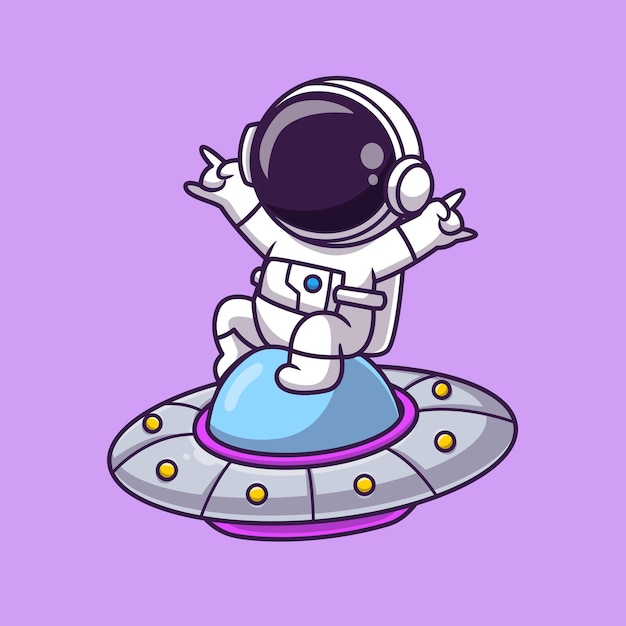 무료 벡터 ufo 만화 벡터 아이콘 일러스트 레이 션 과학 기술 아이콘에 앉아 귀여운 우주 비행사 평면 절연