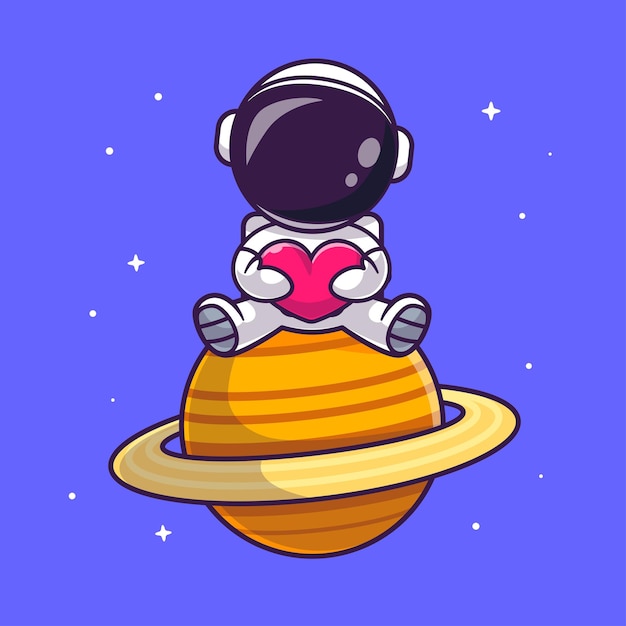 Cute astronaut sitting on planet with love heart cartoon vector icon illustration science isolated