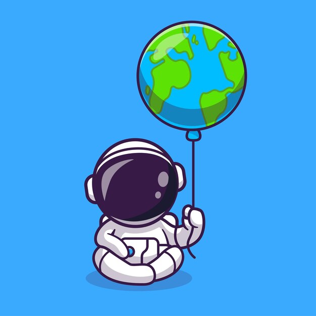 地球風船と座っているかわいい宇宙飛行士漫画ベクトルアイコンイラスト科学技術アイコン