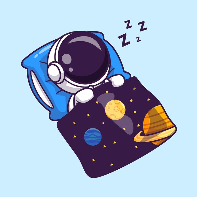 スペースブランケットで眠っているかわいい宇宙飛行士漫画ベクトルアイコンイラスト科学技術アイコン
