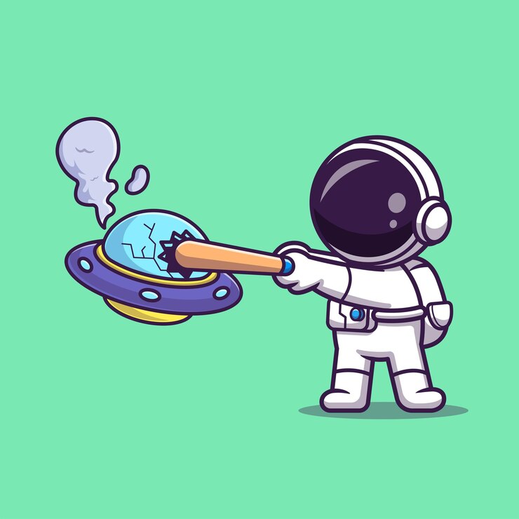 Free Vector cute astronaut smash ufo with baseball stick cartoon vectoricon illustration science technology