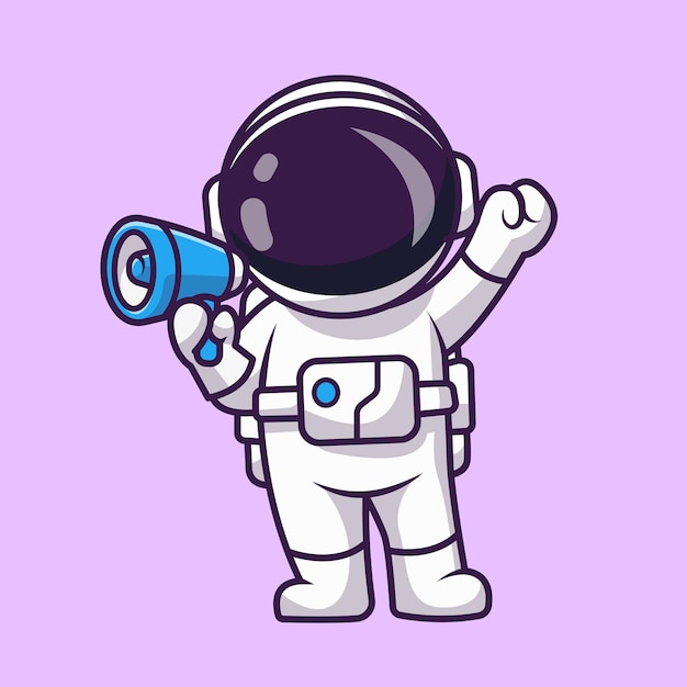 확성기 만화 벡터 아이콘 일러스트와 함께 말하는 귀여운 우주 비행사. 고립 된 과학 기술