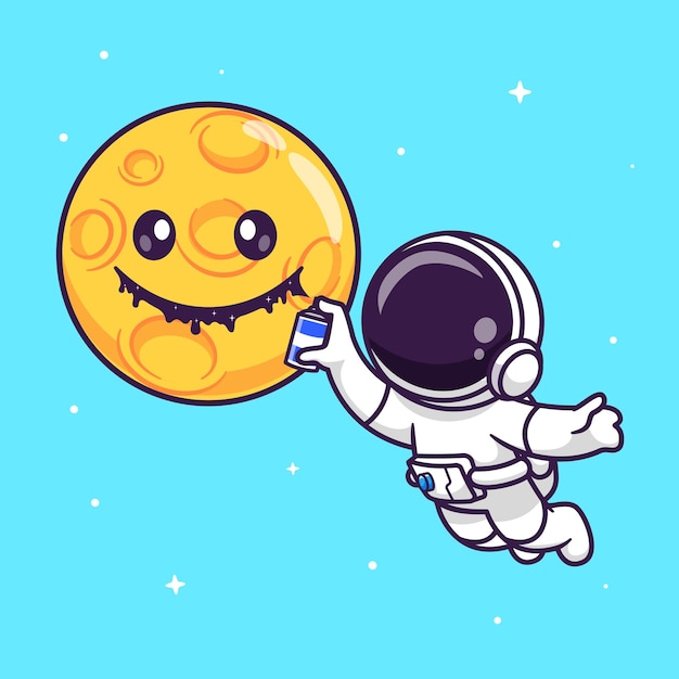 Cute Astronaut Spray Moon With Space Cartoon Vector Icon Illustration Science Technology Isolated