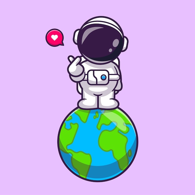 Free vector cute astronaut standing on earth with love sign cartoon vector icon illustration science technology