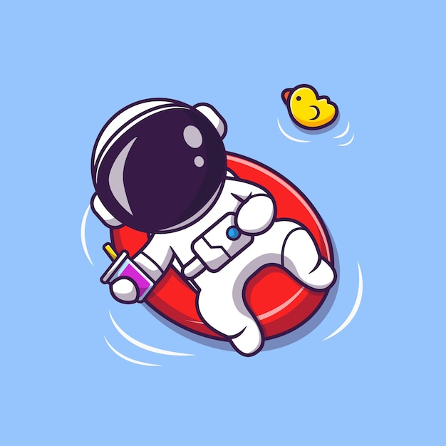 Cute Astronaut Summer Floating On Beach With Balloon Cartoon Illustration. Science Summer Concept. Flat Cartoon Style