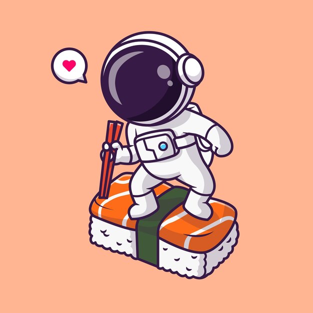 Cute Astronaut Surfing On Sushi With Chopstick Cartoon Vector Icon Illustration Science Food Icon