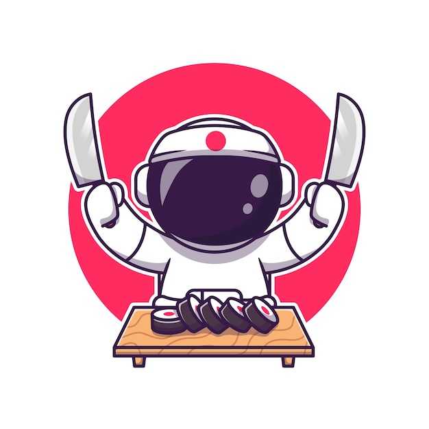칼 만화와 함께 귀여운 우주 비행사 초밥입니다. 과학 음식 아이콘 개념입니다. 플랫 만화 스타일