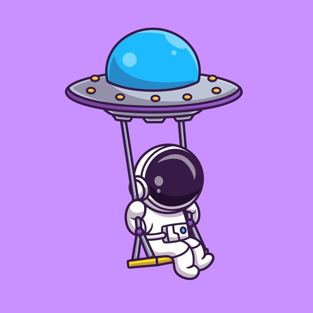 Cute astronaut swing with ufo cartoon vector icon illustration science technology isolated flat