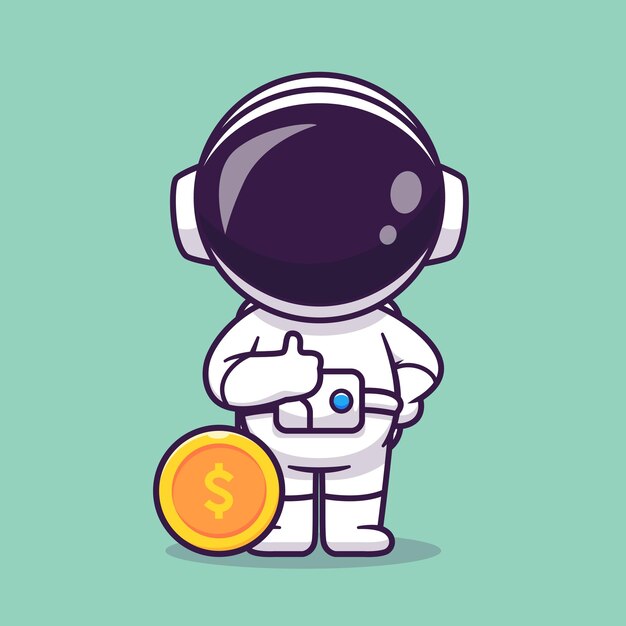 かわいい宇宙飛行士はゴールド コイン漫画ベクトル アイコン イラスト分離された科学ビジネスと親指します。
