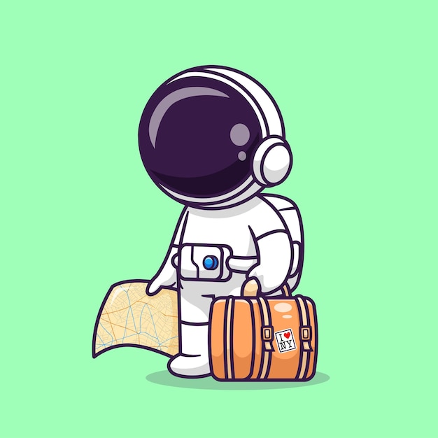 Free vector cute astronaut traveling with map and suitcase cartoon vector icon illustration. science travel icon concept isolated premium vector. flat cartoon style