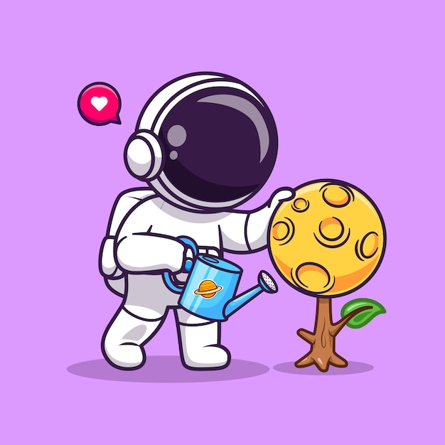 Cute astronaut watering moon plant cartoon vector icon illustration science technology icon isolated