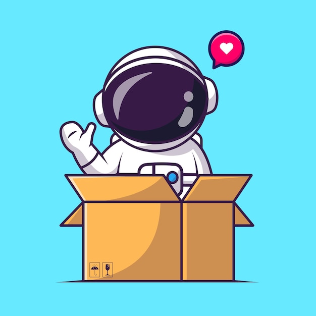 Free vector cute astronaut waving hand in box cartoon vector icon illustration science technology icon isolated