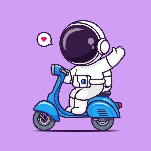 Vettore gratuito carino astronauta agitando la mano sullo scooter cartoon icona vettore illustrazione scienza icona del trasporto