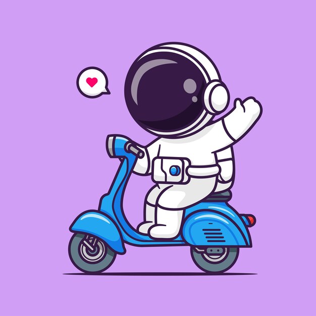 스쿠터 만화 벡터 아이콘 그림 과학 교통 아이콘에 손을 흔들며 귀여운 우주 비행사
