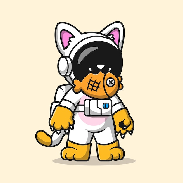 Cute Astronaut Wearing Cat Costume with Fish Cartoon Vector Icon Illustration Science Animal Flat