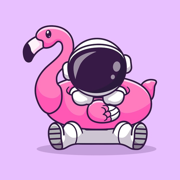Cute Astronaut Wearing Flamingo Swimming Tires Cartoon Vector Icon Illustration Science Holiday