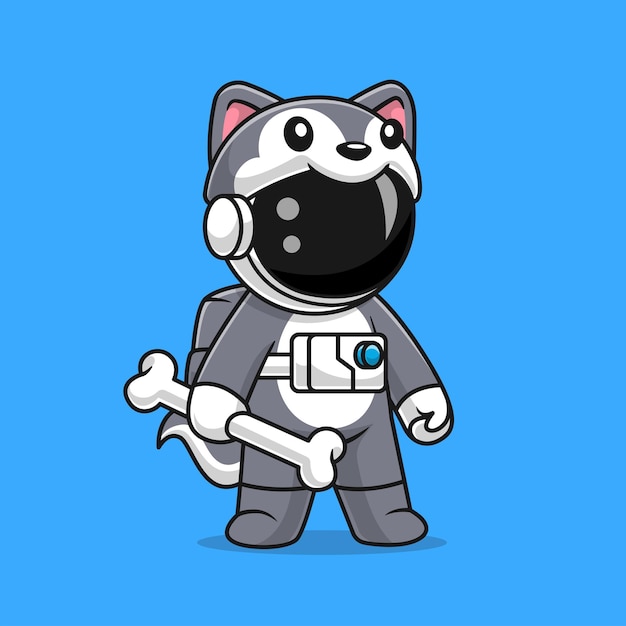 Free vector cute astronaut wearing husky dog costume with bone cartoon vector icon illustration science animal