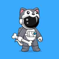 Free vector cute astronaut wearing husky dog costume with bone cartoon vector icon illustration science animal