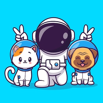 Cute astronaut with cat and dog cartoon vector icon illustration. science animal icon concept isolated premium vector. flat cartoon style