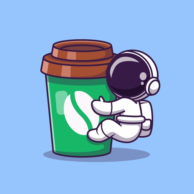 Cute Astronaut With Coffee Cup Cartoon Vector Icon Illustration. Space Food And Drink Icon 