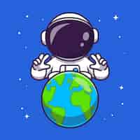 Free vector cute astronaut with earth in space cartoon vector icon illustration. technology science icon concept isolated premium vector. flat cartoon style