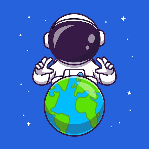 공간 만화 벡터 아이콘 그림에서 지구와 귀여운 우주 비행사. 기술 과학 아이콘 개념 절연 프리미엄 벡터입니다. 플랫 만화 스타일