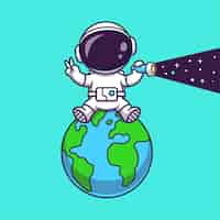 Vettore gratuito simpatico astronauta con spazio torcia sulla terra globo mondiale cartoon vettore icona illustrazione scienza