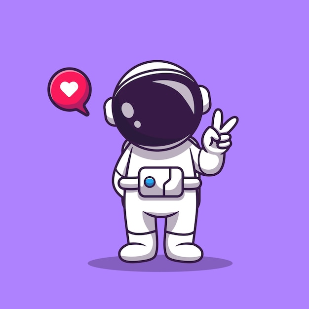 손 평화 만화 귀여운 우주 비행사입니다. 공간 기술 아이콘 개념입니다. 플랫 만화 스타일