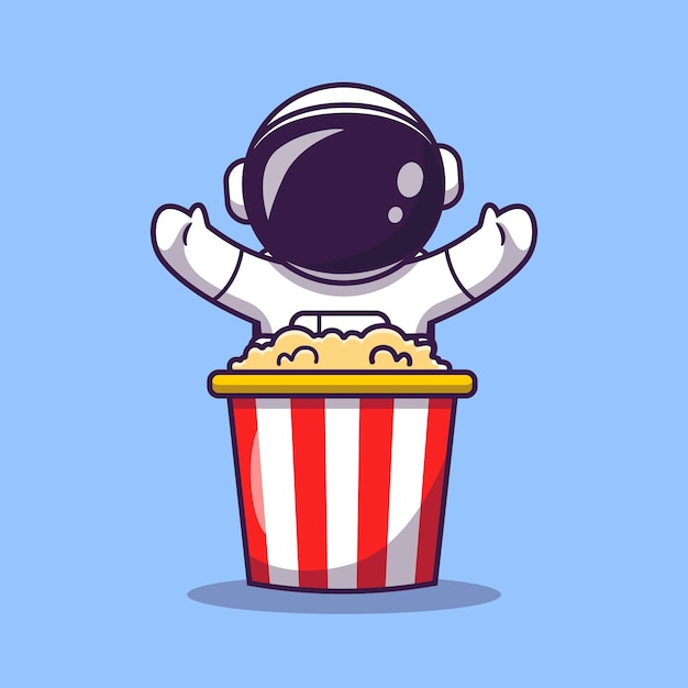 ポップコーン漫画ベクトルアイコンイラストとかわいい宇宙飛行士。科学食品アイコン