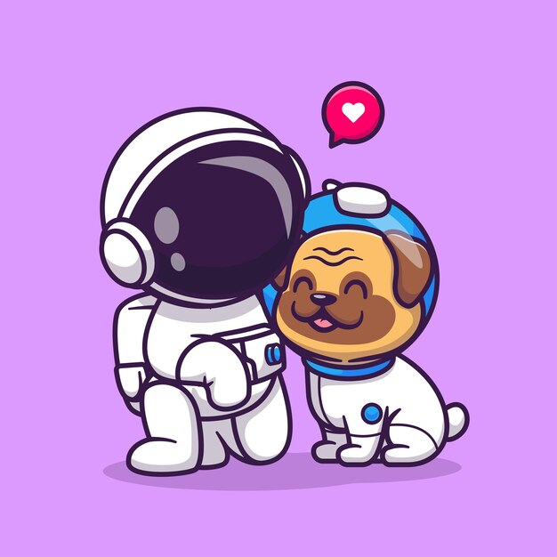 Puk犬漫画ベクトルアイコンイラストとかわいい宇宙飛行士。科学動物アイコンコンセプト分離プレミアムベクトル。フラット漫画スタイル