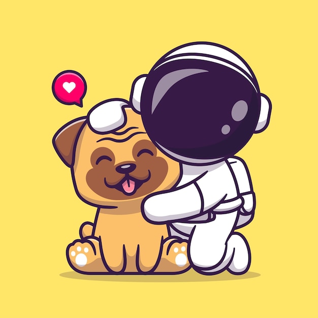 Carino astronauta con cane puk cartoon icona vettore illustrazione. concetto di icona animale di scienza isolato vettore premium. stile cartone animato piatto