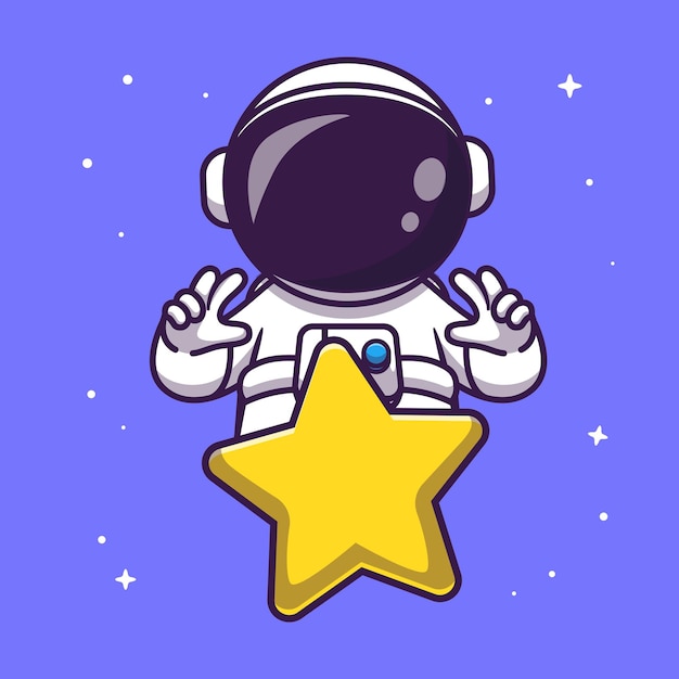 공간 만화 벡터 아이콘 그림에서 스타와 함께 귀여운 우주 비행사. 기술 과학 아이콘 개념 절연 프리미엄 벡터입니다. 플랫 만화 스타일