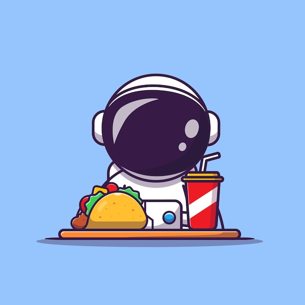 タコスとソーダの漫画イラストでかわいい宇宙飛行士。科学の食べ物や飲み物の概念。フラット漫画スタイル